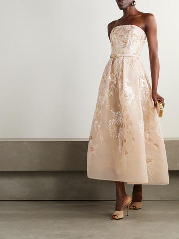 Elie Saab Belted strapless pleated embellished tulle midi dress