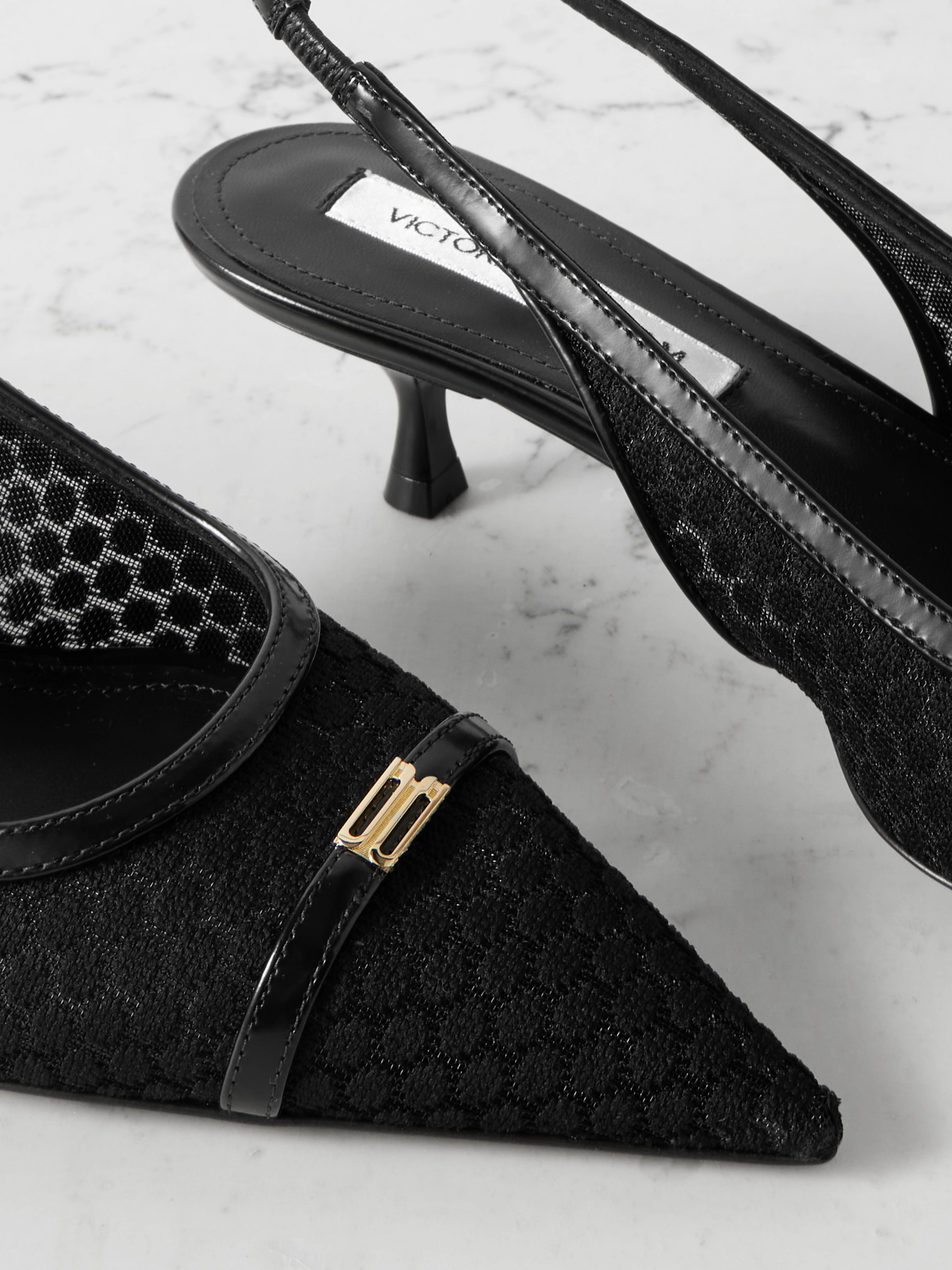 Victoria Beckham Logo-embellished leather-trimmed point d'esprit slingback pumps thumbnail