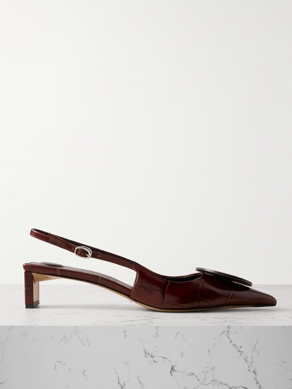 Jacquemus - Duelo Embellished Croc-effect Leather Slingback Pumps - Chocolate