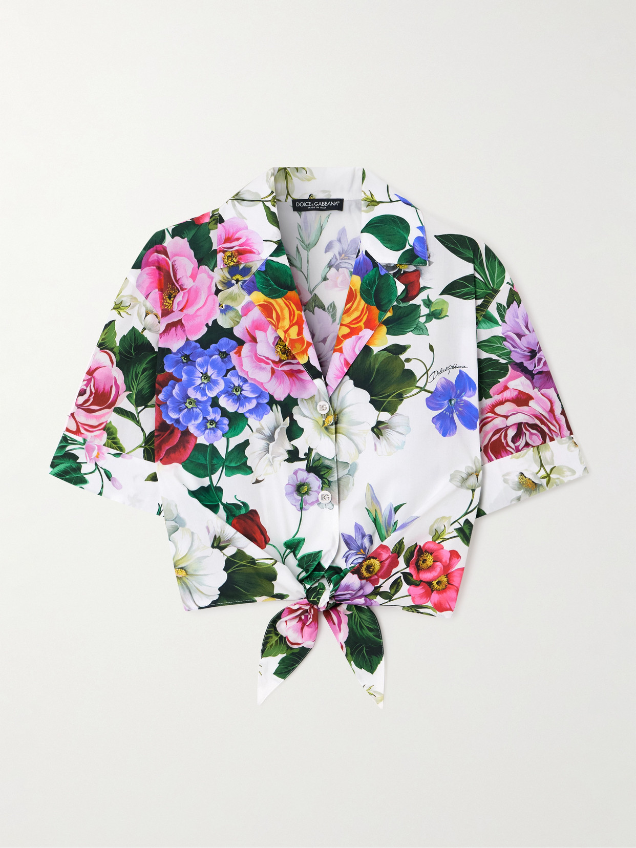 Dolce & Gabbana - Knotted Cropped Floral-print Cotton-poplin Shirt - White