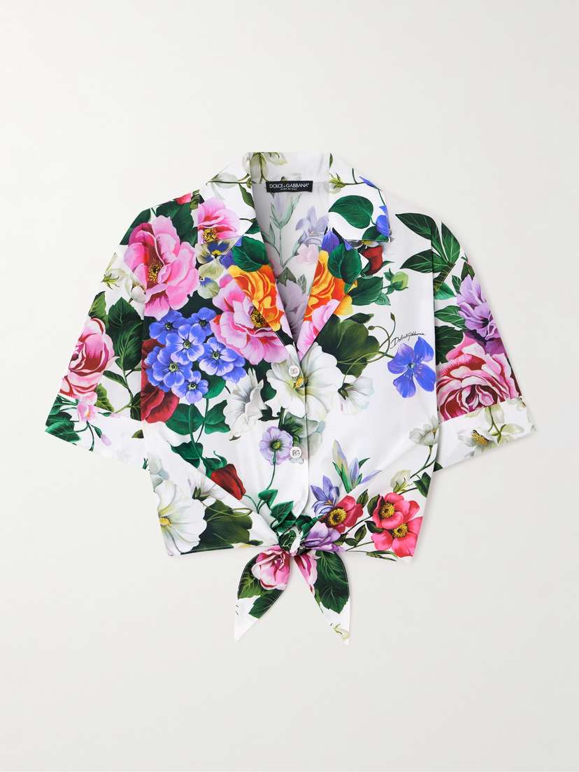 Dolce & Gabbana Knotted Cropped Floral-print Cotton-poplin Shirt