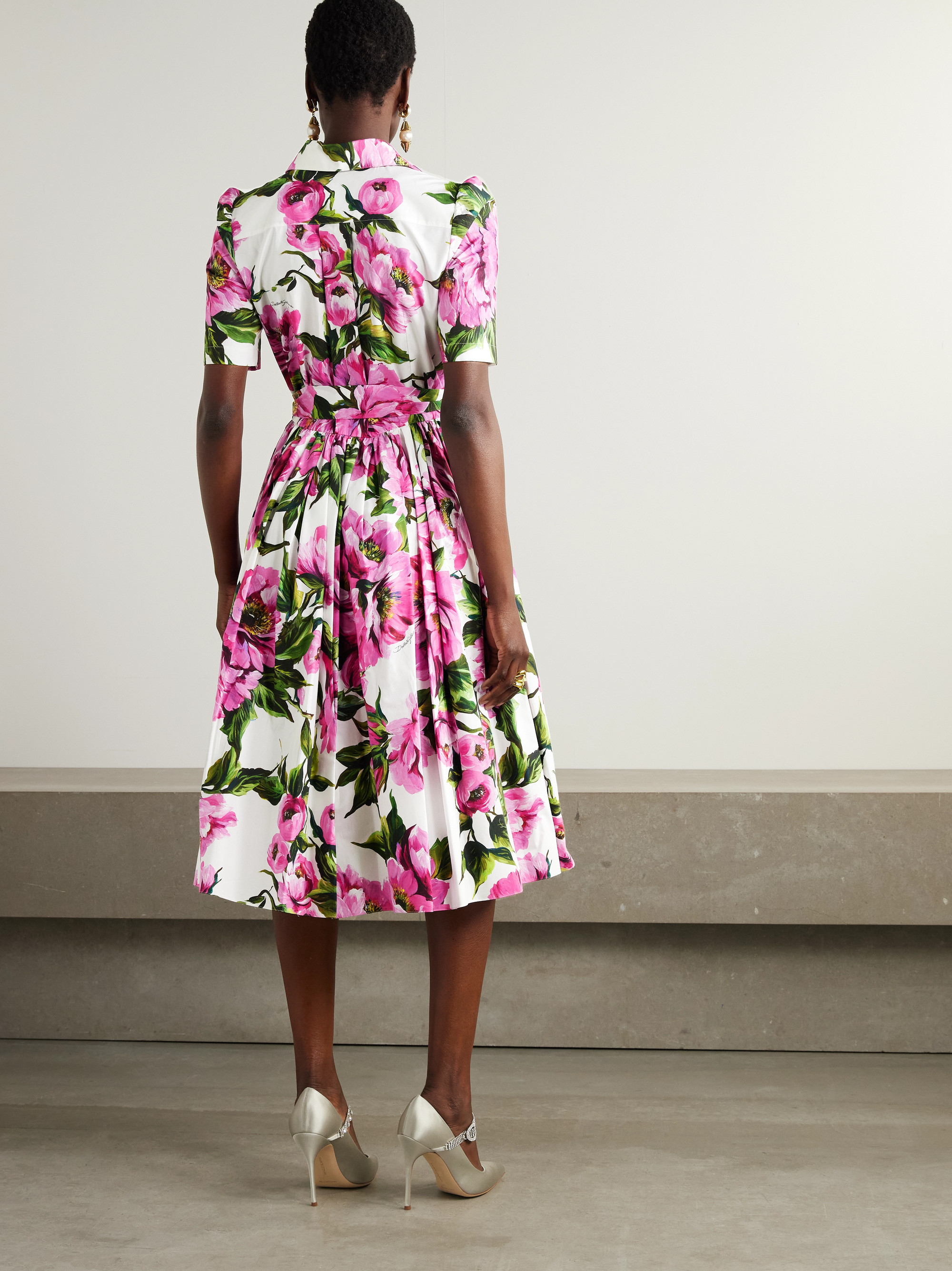 Dolce&Gabbana Belted pleated floral-print cotton-poplin midi shirt dress thumbnail