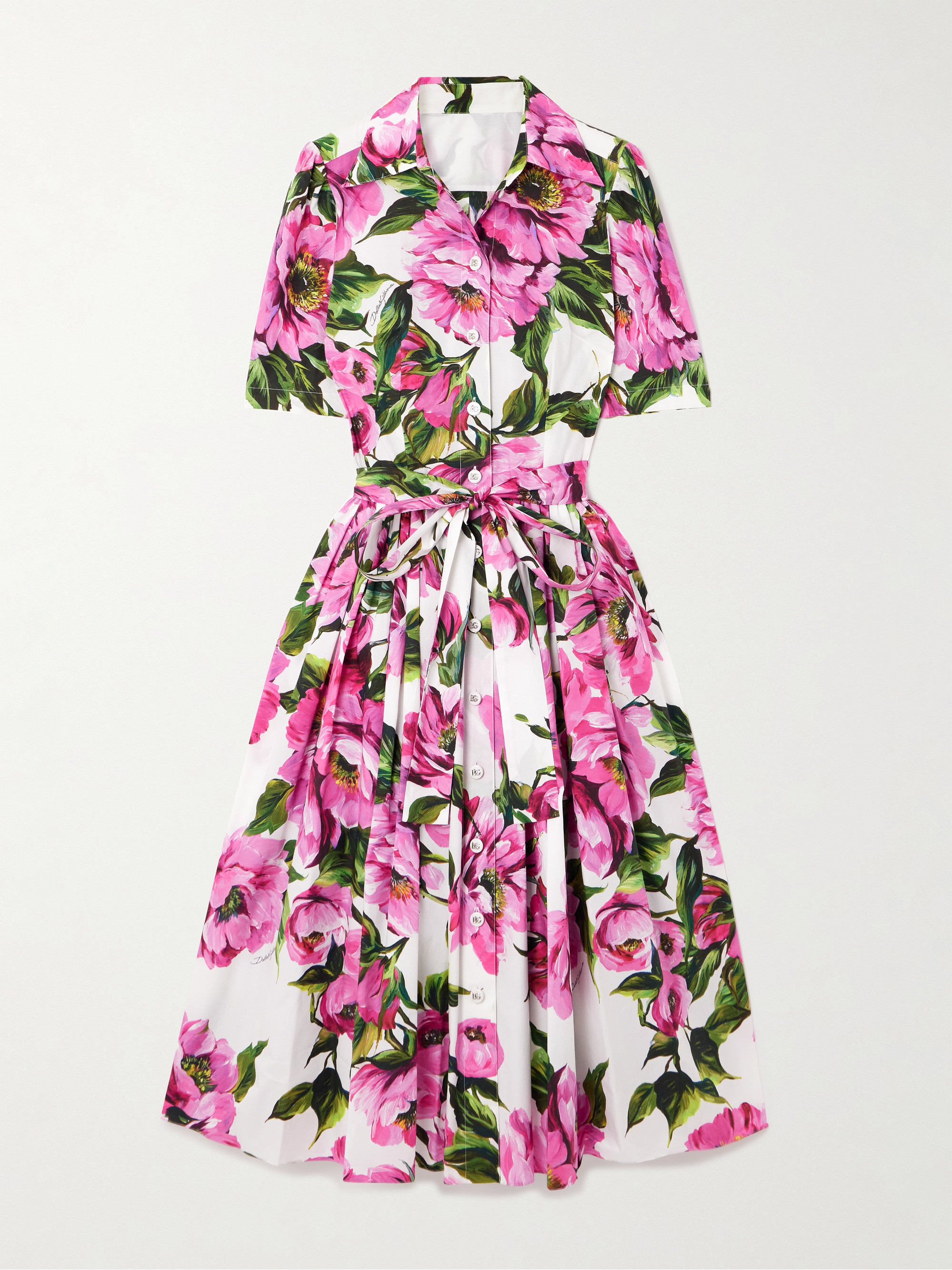 Dolce&Gabbana Belted pleated floral-print cotton-poplin midi shirt dress thumbnail