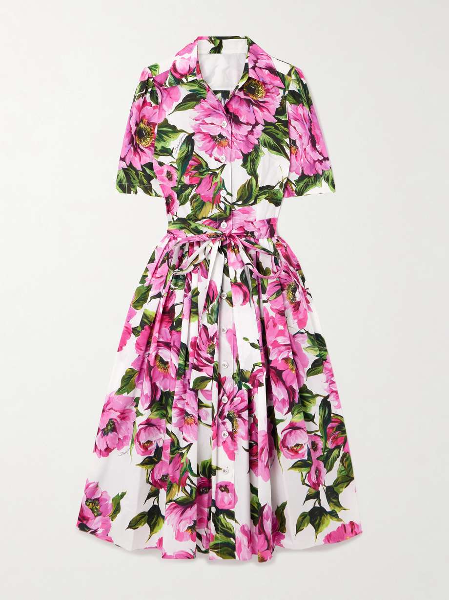 belted pleated floral-print cotton-poplin midi shirt dress