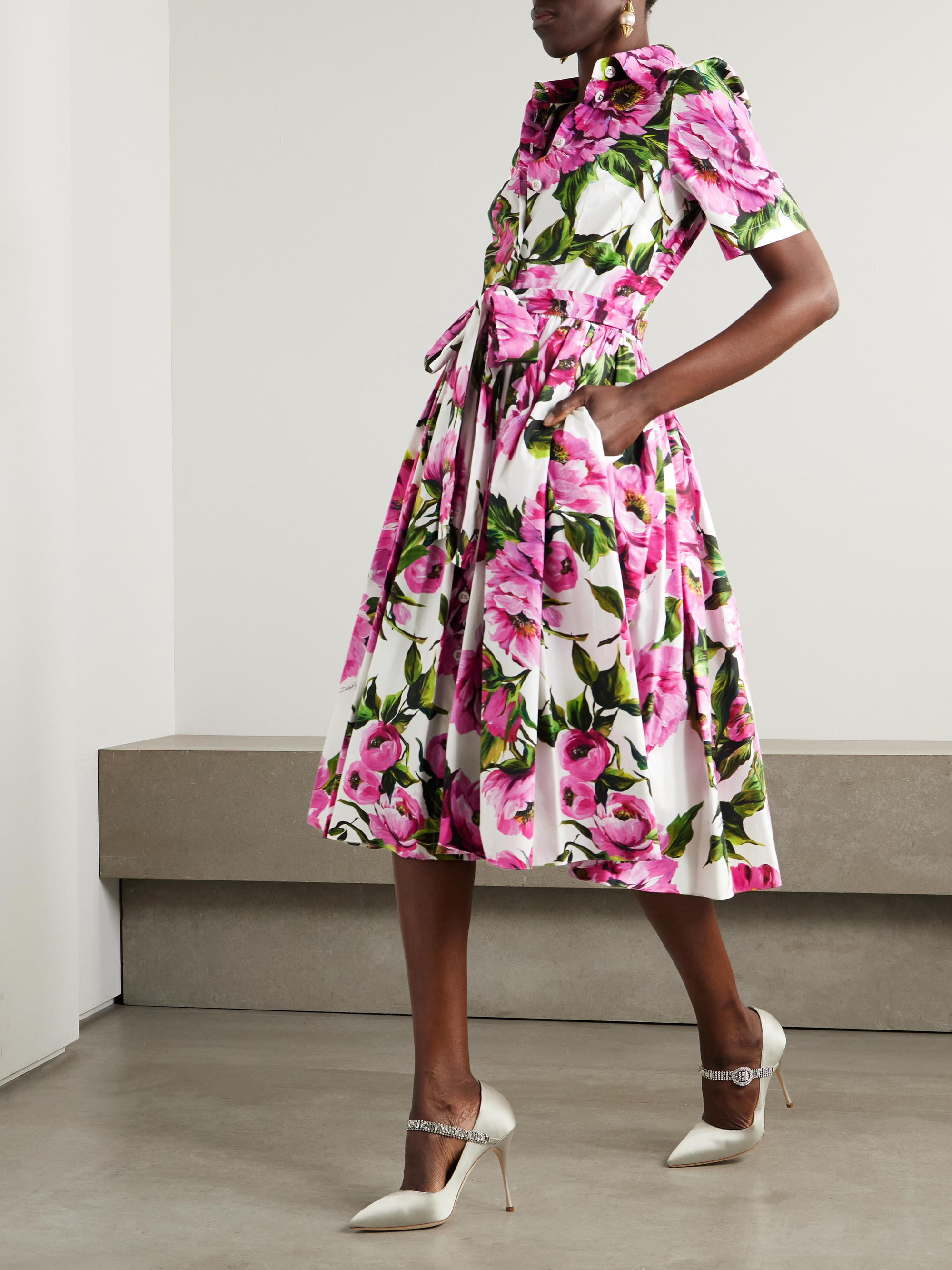 Dolce&Gabbana Belted pleated floral-print cotton-poplin midi shirt dress