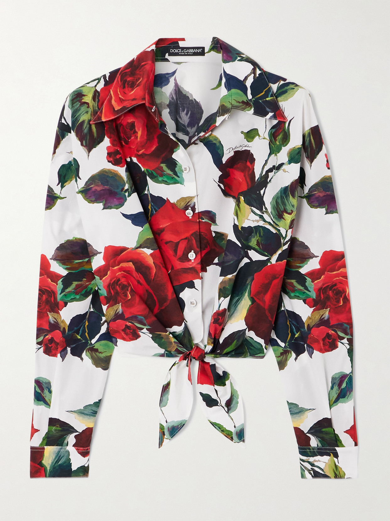 Dolce & Gabbana Cropped Tie-detailed Floral-print Cotton-poplin Shirt In Red