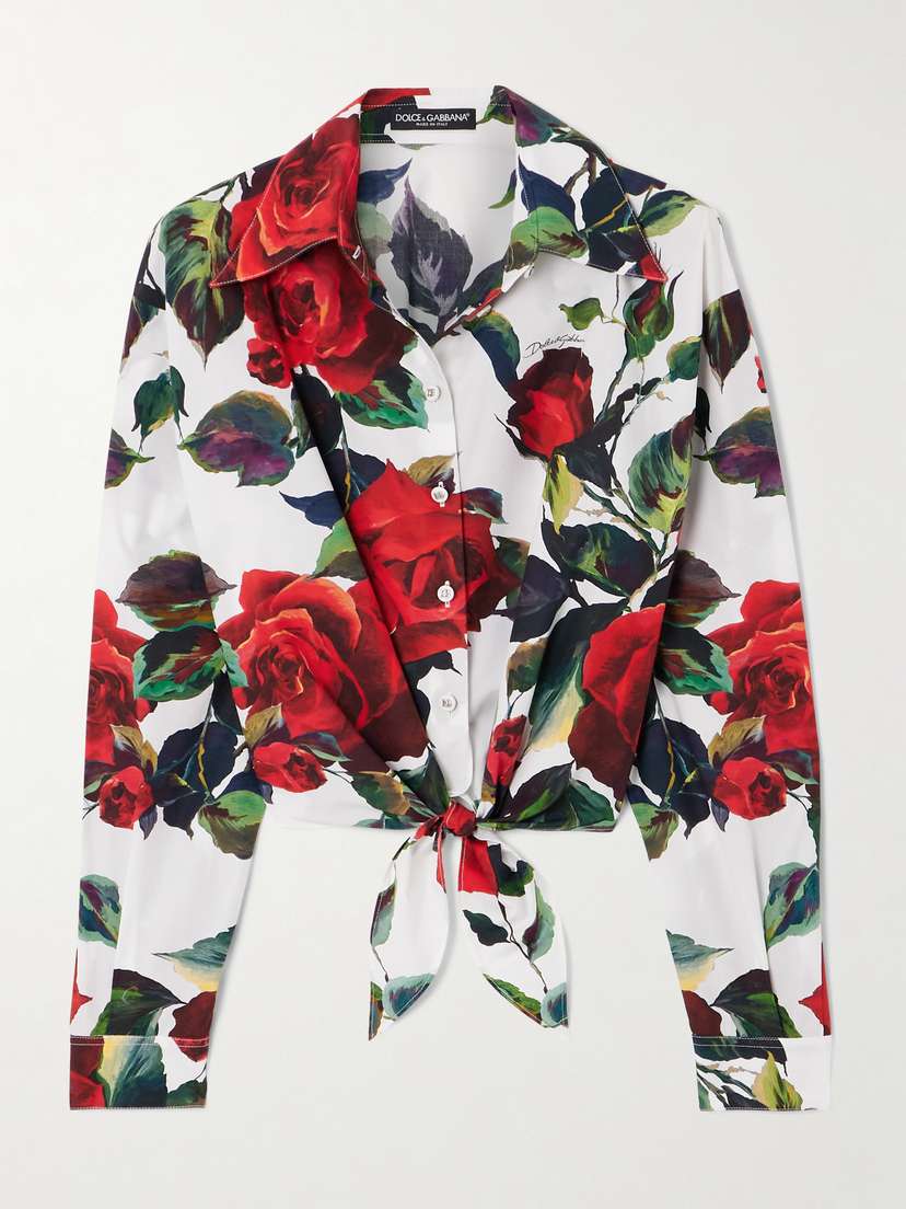 Dolce & Gabbana Cropped Tie-detailed Floral-print Cotton-poplin Shirt