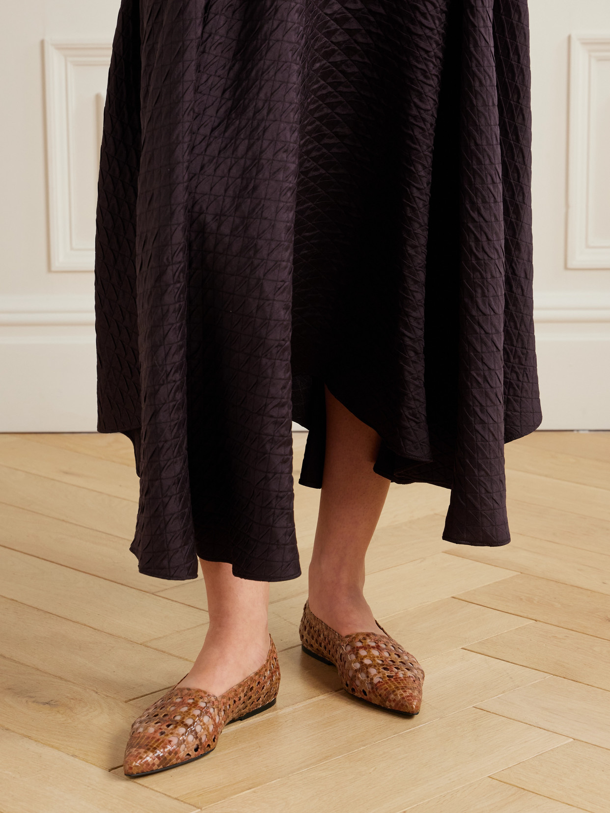 Loro Piana Ayame Woven Leather Pointed-toe Flats In Brown