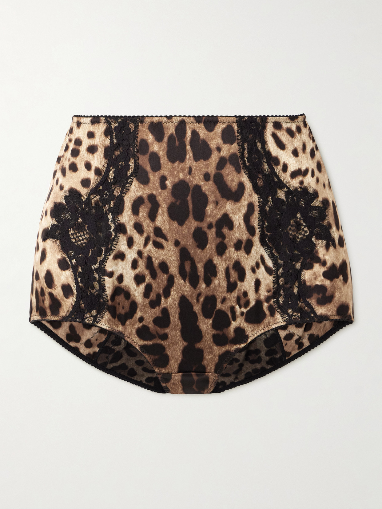 DOLCE & GABBANA LACE-TRIMMED LEOPARD-PRINT SILK-BLEND SATIN BRIEFS 
