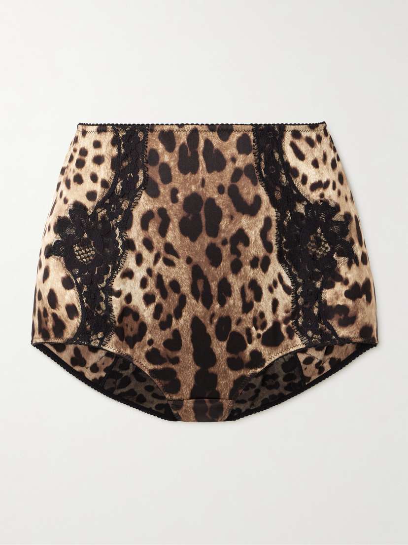Dolce & Gabbana Lace-trimmed Leopard-print Silk-blend Satin Briefs