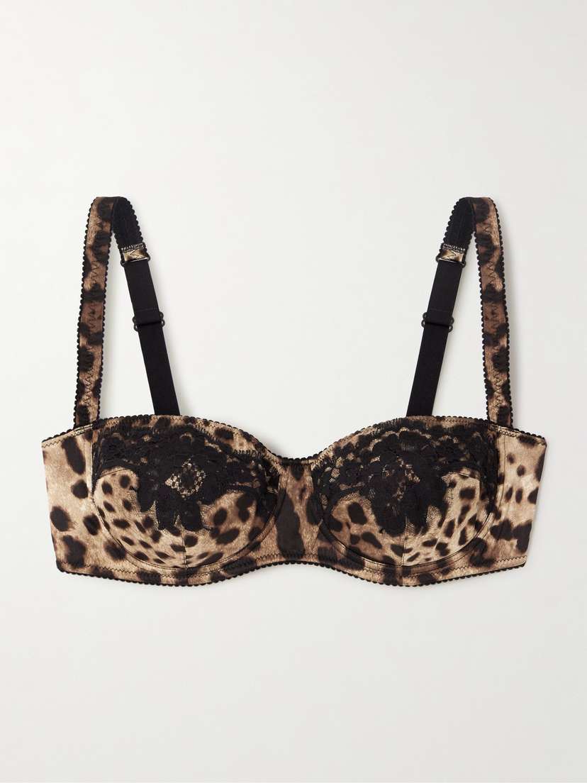 Dolce & Gabbana Lace-trimmed Leopard-print Silk-blend Satin Balconette Bra