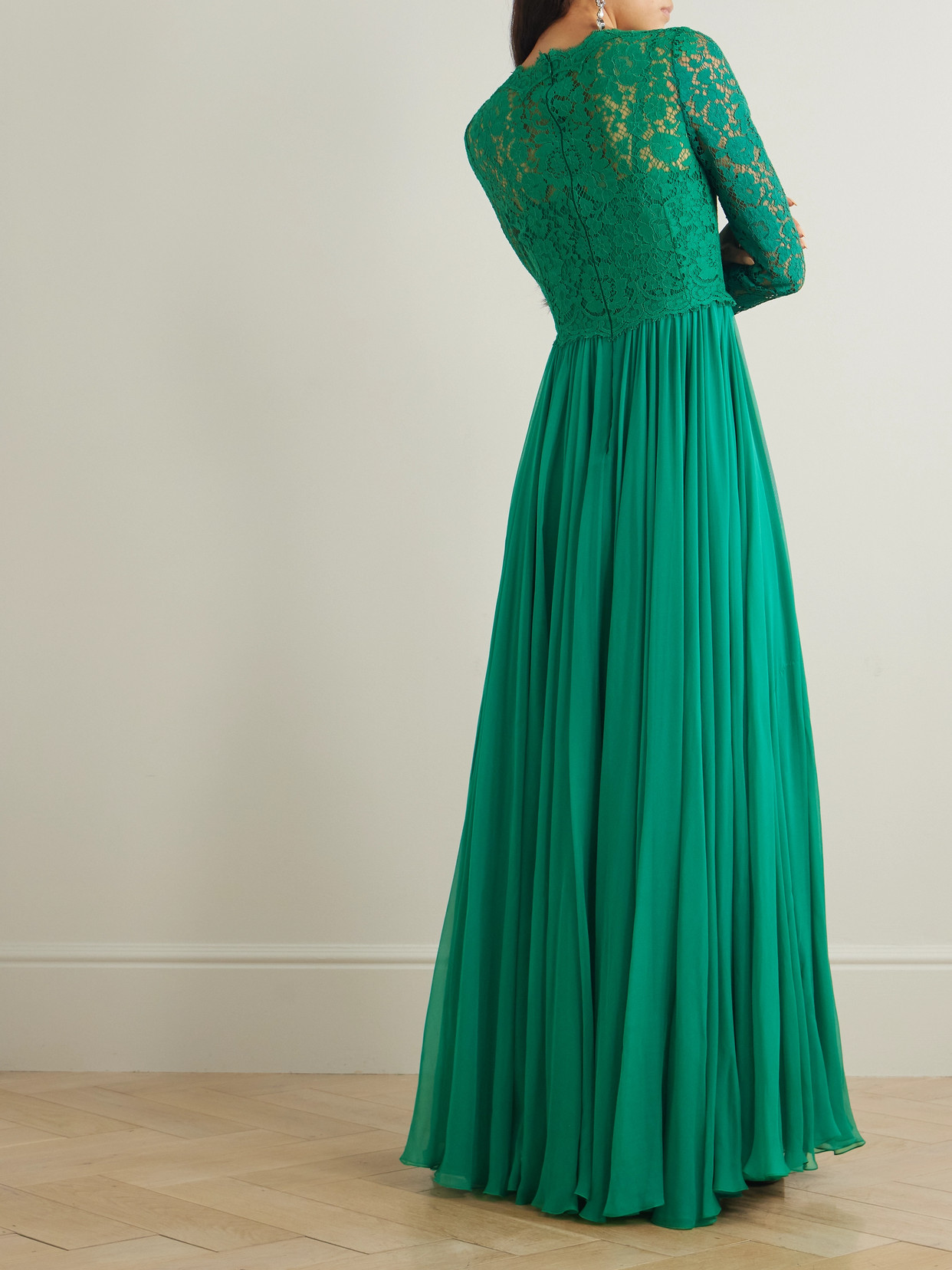 Dolce & Gabbana Silk-blend Lace And Pleated Chiffon Gown In Green
