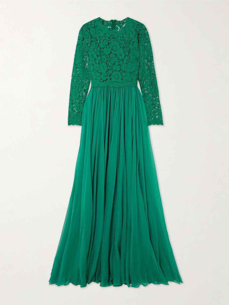 silk-blend lace and pleated chiffon gown