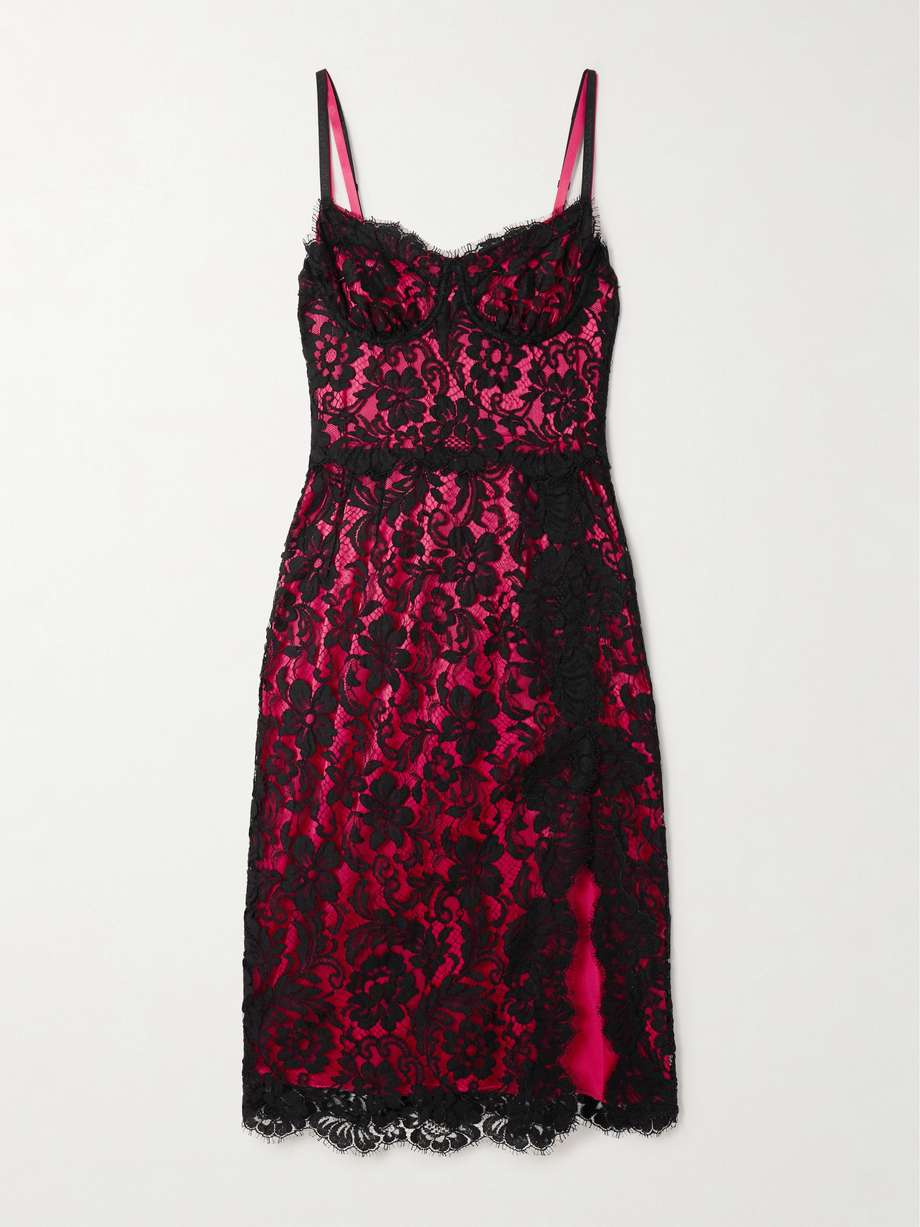 layered cotton-blend lace and stretch-silk satin bustier midi dress