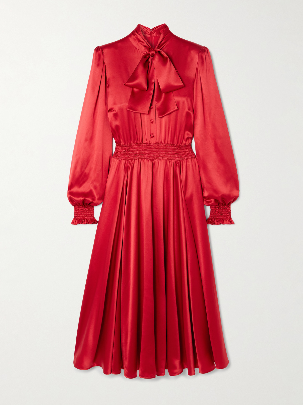 Dolce & Gabbana Silk Satin Shirt Dress With Pussy-bow In Red