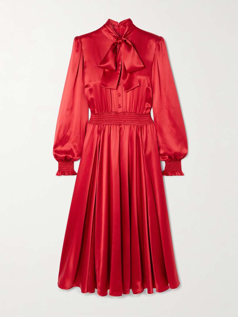 Dolce & Gabbana Pussy-bow Smocked Pleated Silk-satin Midi Dress