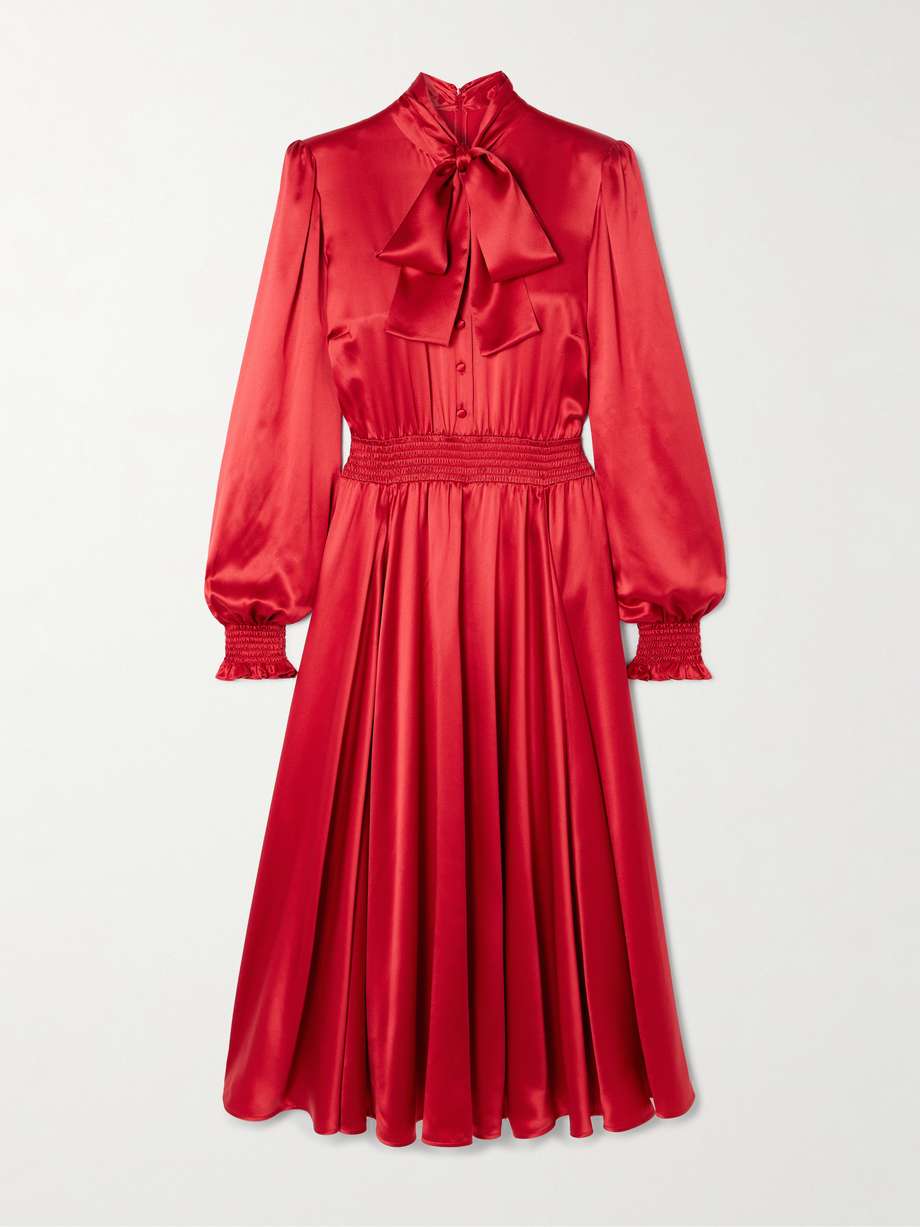 pussy-bow smocked pleated silk-satin midi dress