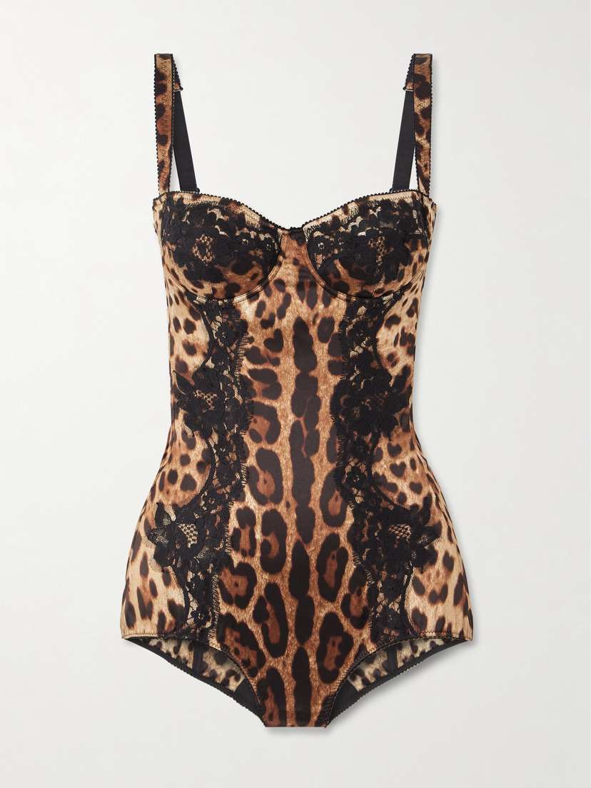 Dolce & Gabbana Lace-trimmed Leopard-print Silk-blend Satin Bodysuit
