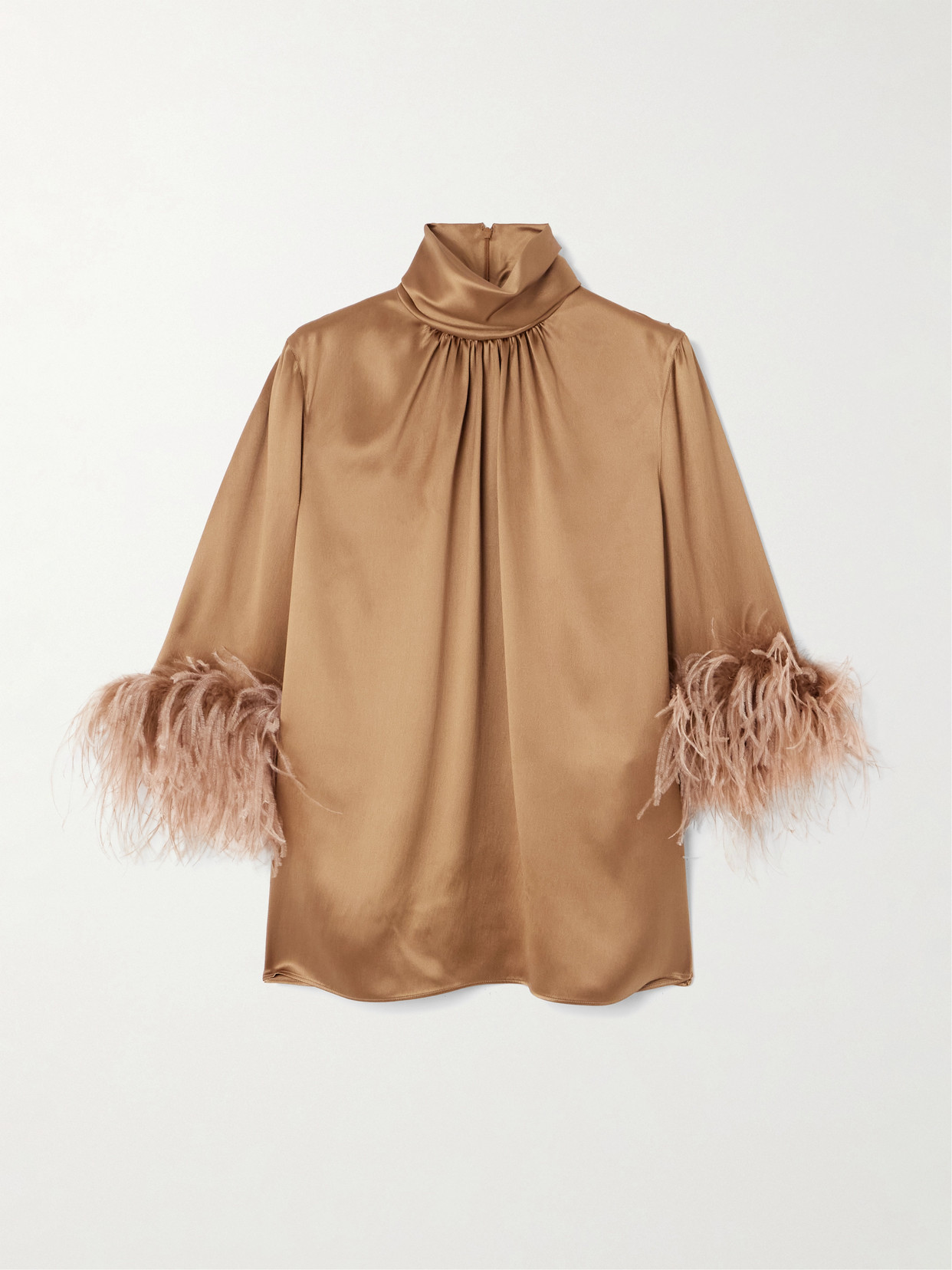 Dolce & Gabbana Double Satin Turtle-neck Top With Feathered Detailing In Gold
