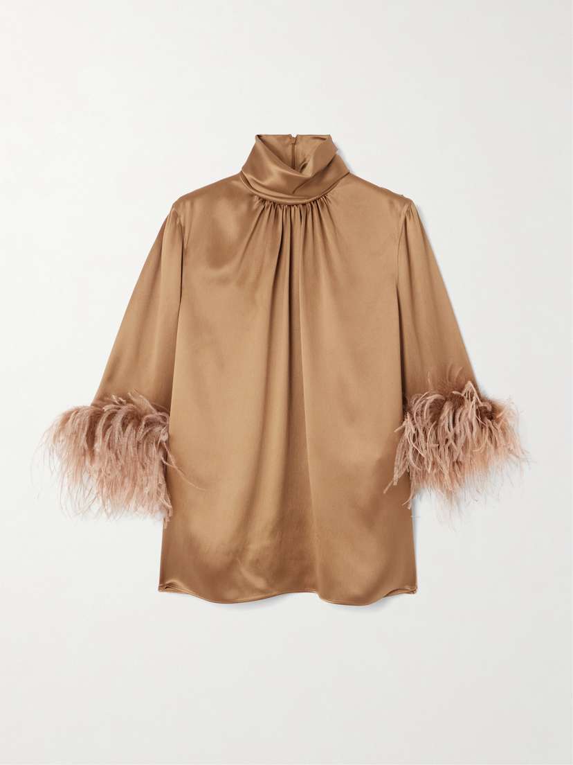 Dolce & Gabbana Feather-trimmed Silk-satin Turtleneck Blouse