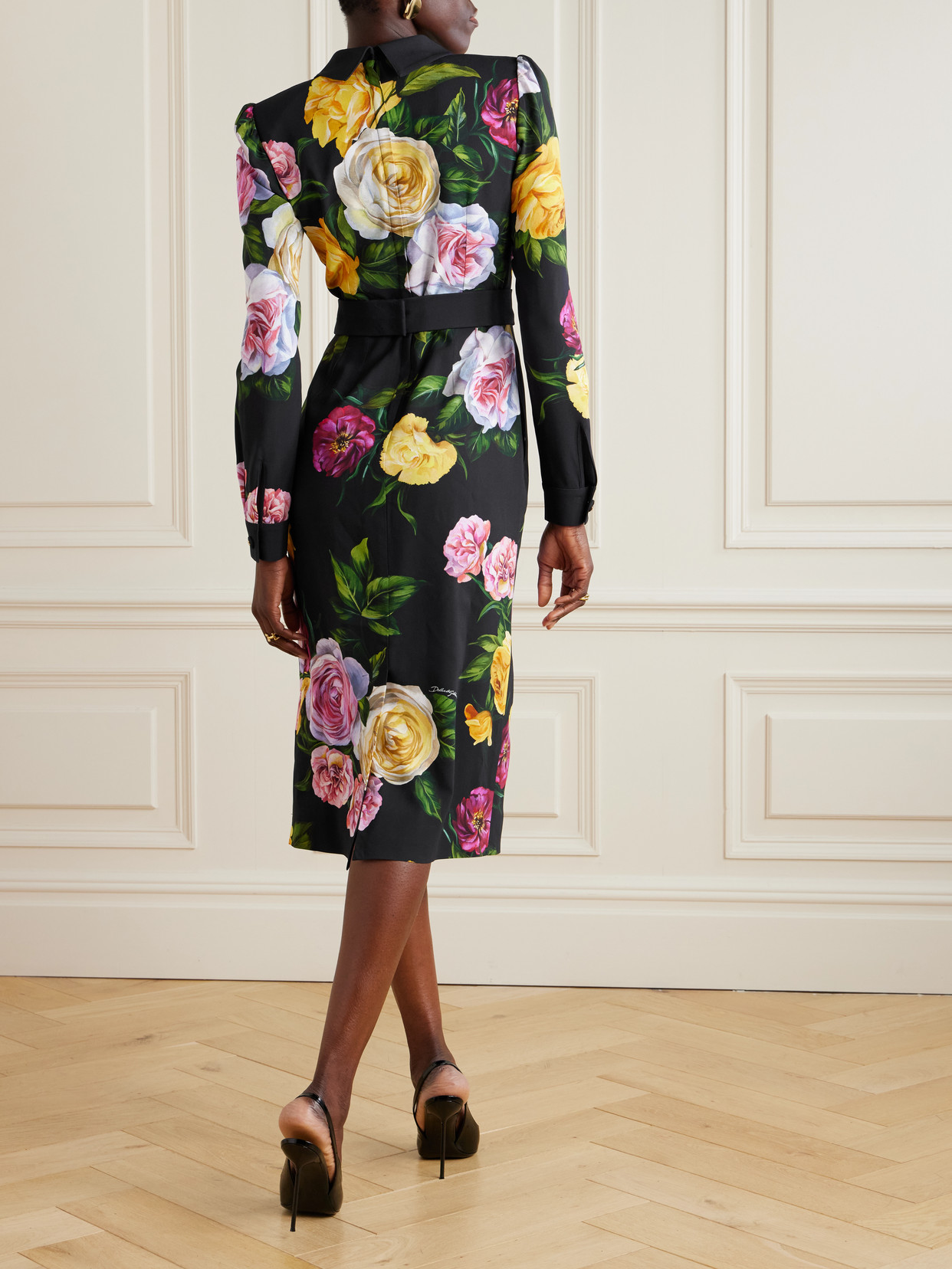 Dolce & Gabbana Calf-length Cady Shirt Dress With Peony And Rose Print In Black