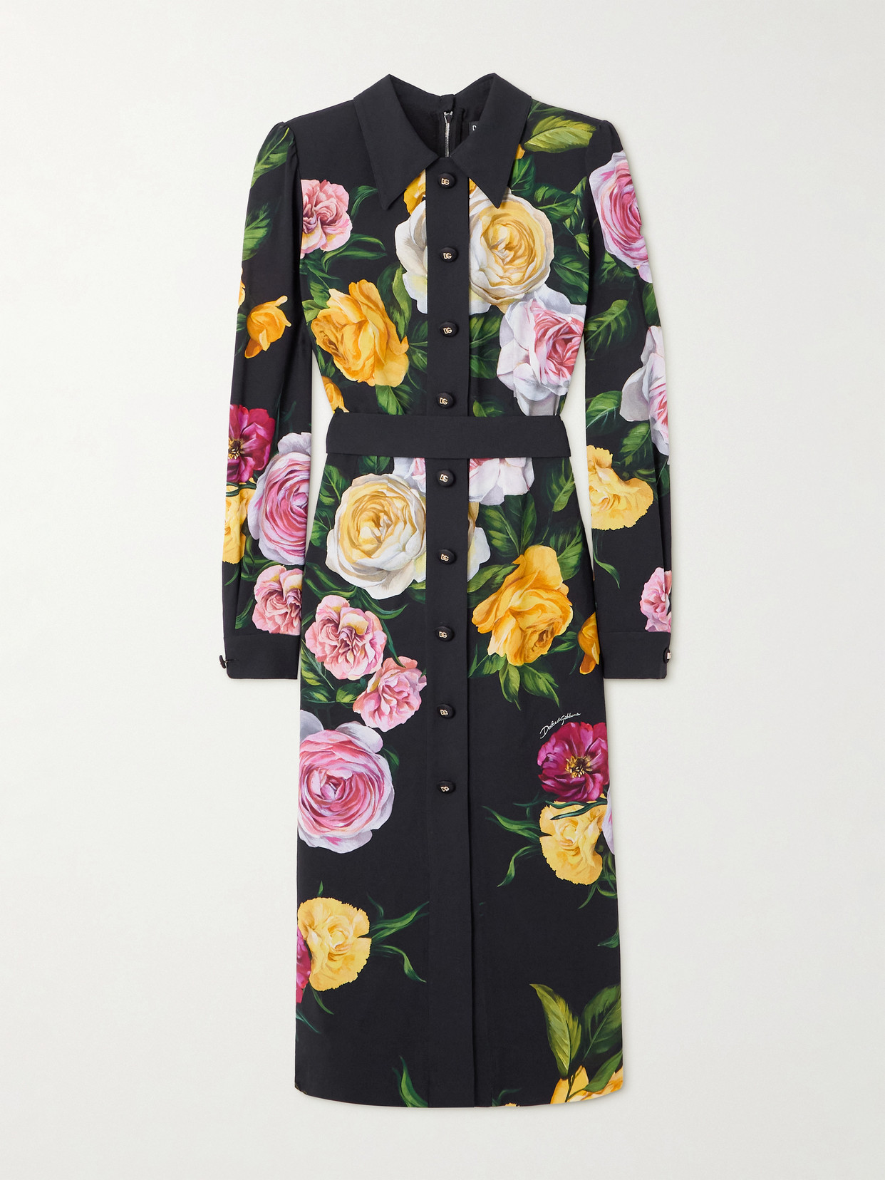 Dolce & Gabbana Calf-length Cady Shirt Dress With Peony And Rose Print In Black