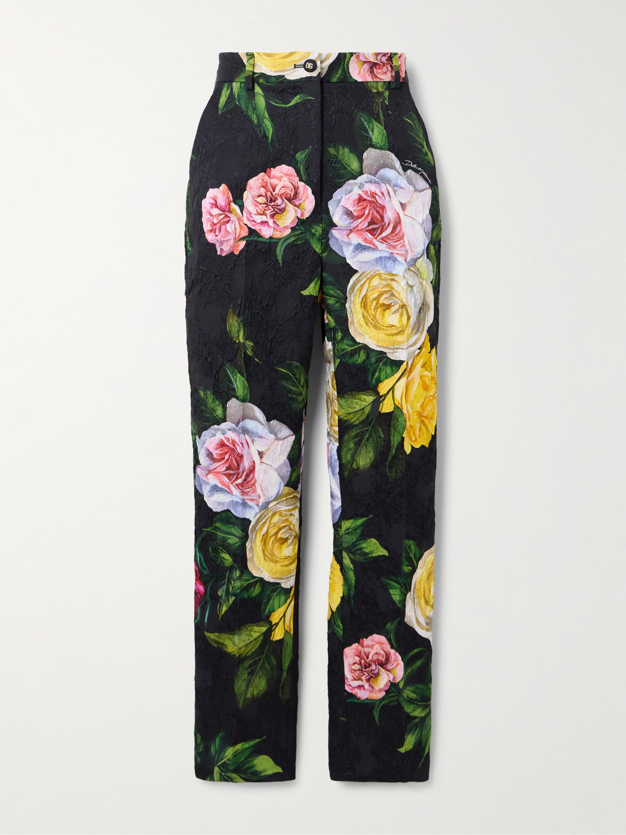 Dolce & Gabbana Peonie And Roses Floral-print Cotton-blend Brocade Straight-leg Pants In Black