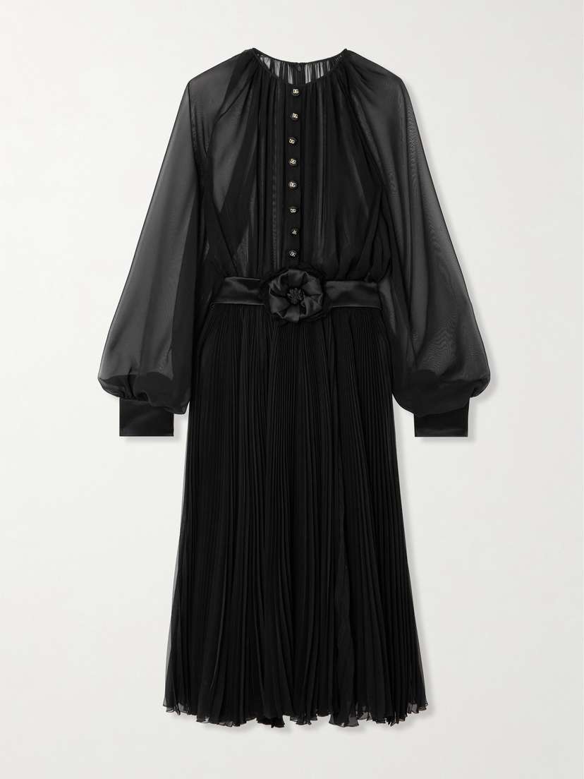 Dolce & Gabbana Satin-trimmed Belted Pleated Chiffon Midi Dress