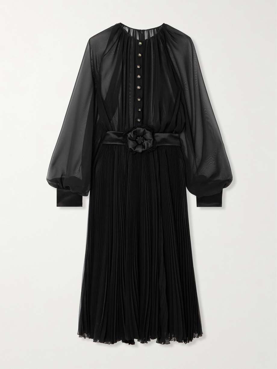 satin-trimmed belted pleated chiffon midi dress