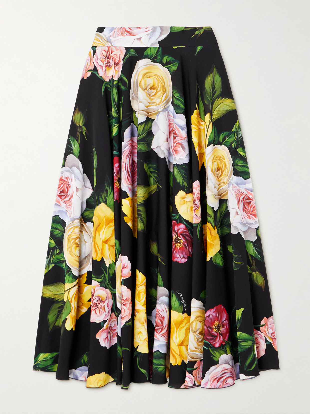 Dolce & Gabbana Pleated Floral-print Stretch-silk Charmeuse Midi Skirt In Black