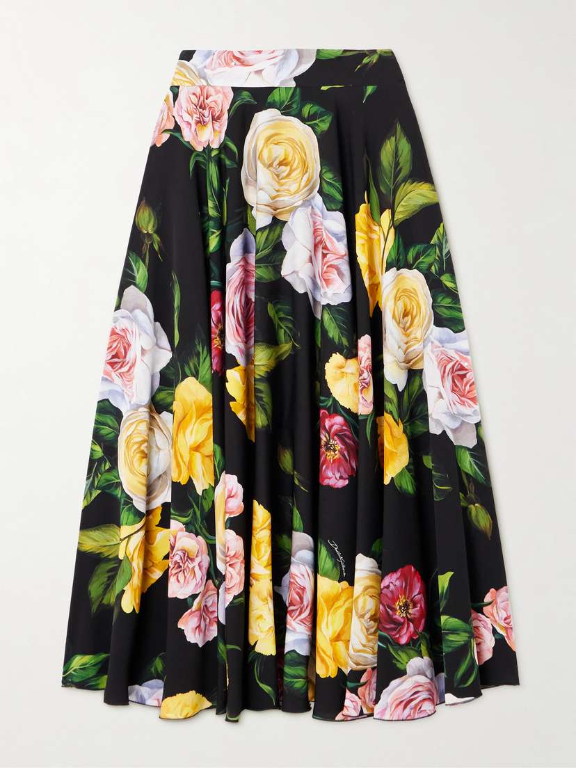 Dolce & Gabbana Pleated Floral-print Stretch-silk Charmeuse Midi Skirt