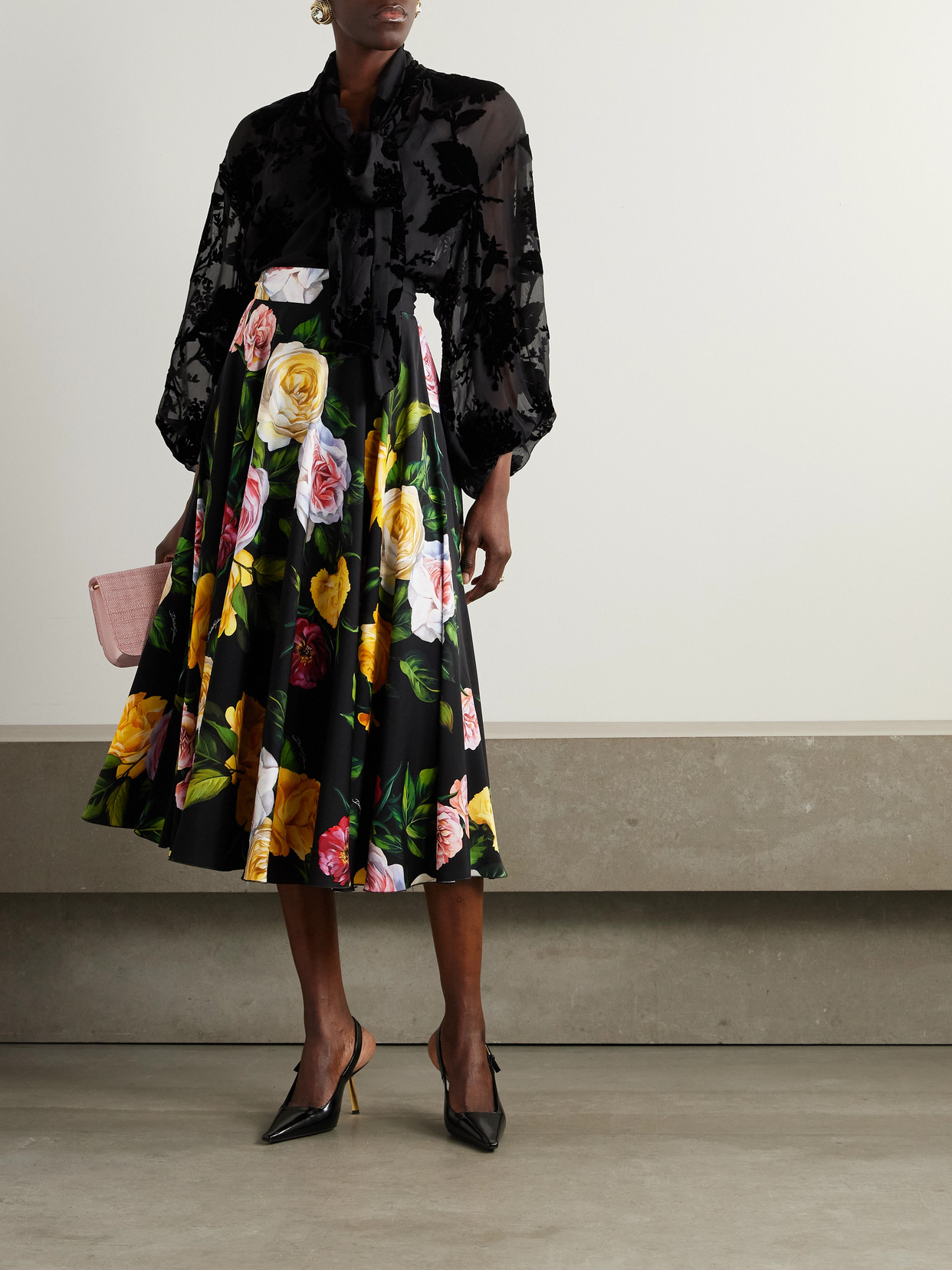 Dolce & Gabbana Pleated Floral-print Stretch-silk Charmeuse Midi Skirt In Black