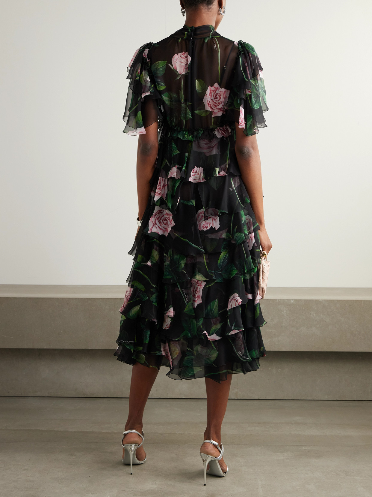 Dolce & Gabbana Tiered Floral-print Silk-chiffon Midi Dress In Black
