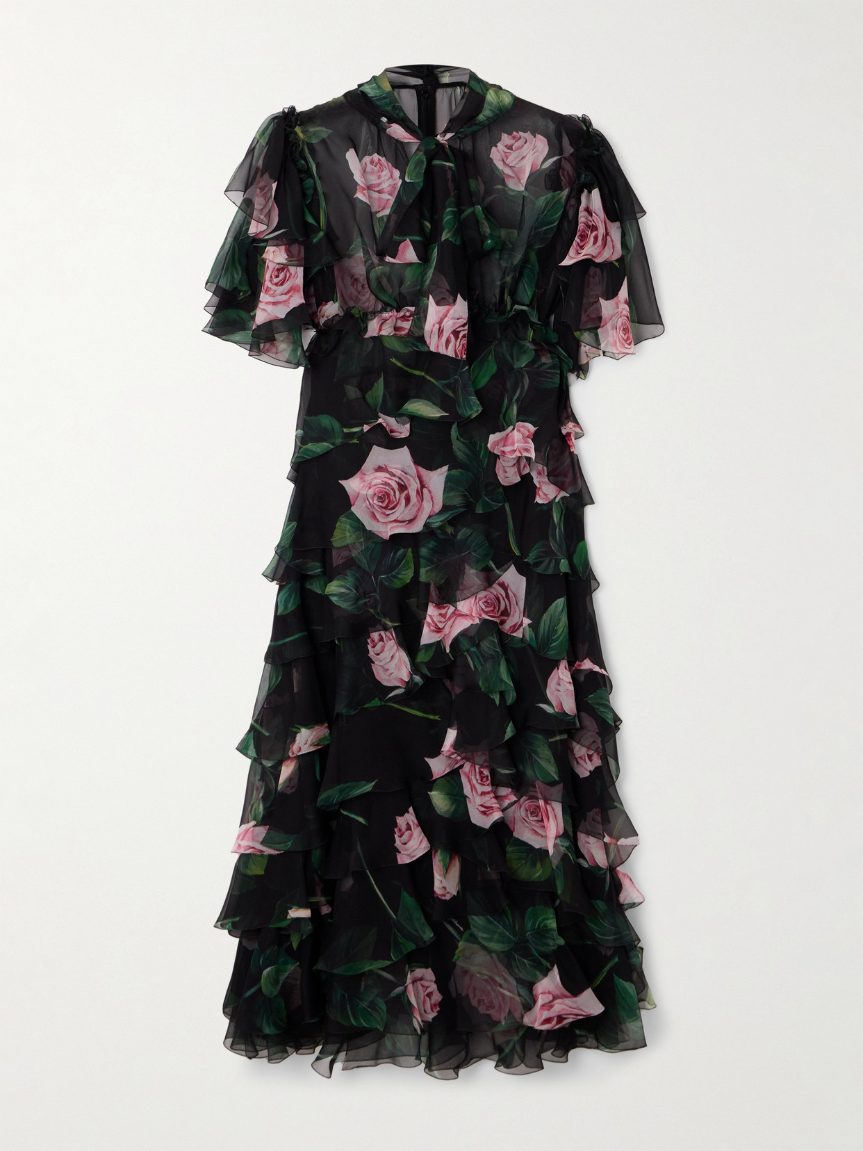 Dolce & Gabbana Tiered Floral-print Silk-chiffon Midi Dress In Black