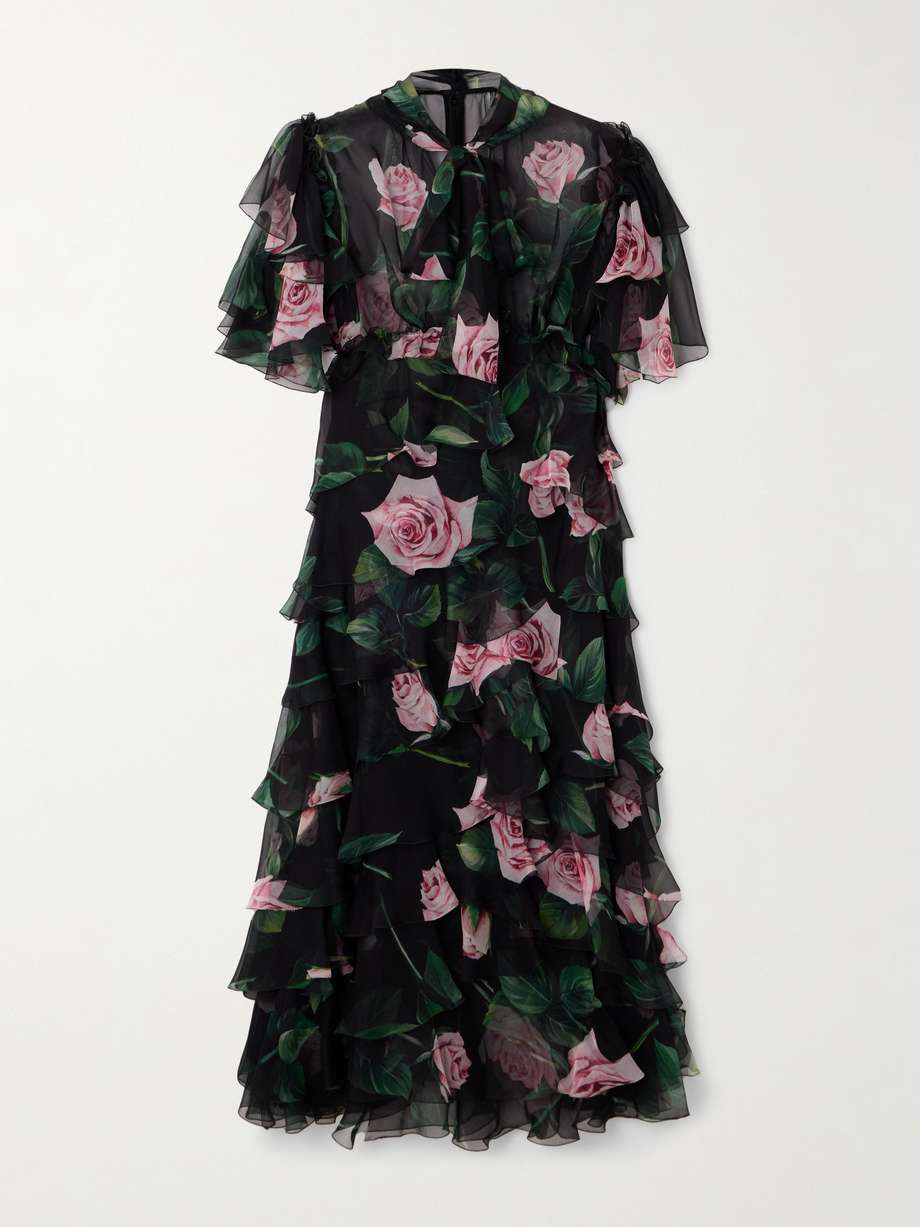 tiered floral-print silk-chiffon midi dress