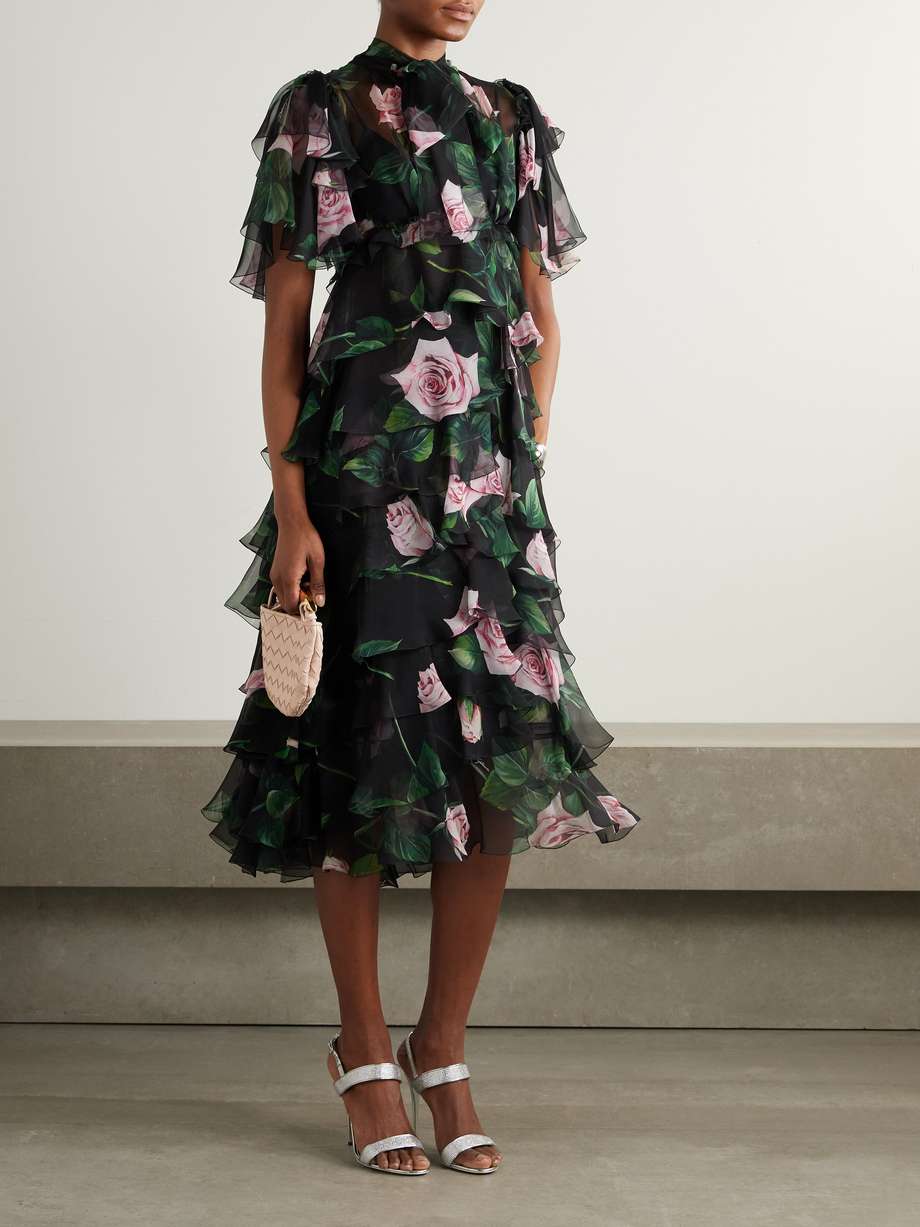 tiered floral-print silk-chiffon midi dress