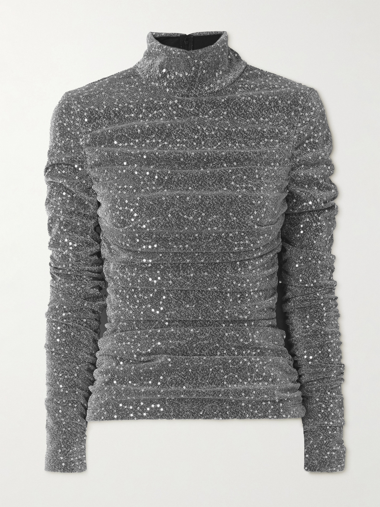 Dolce & Gabbana Ruched Sequin-embellished Lurex Turtleneck Blouse In Silver