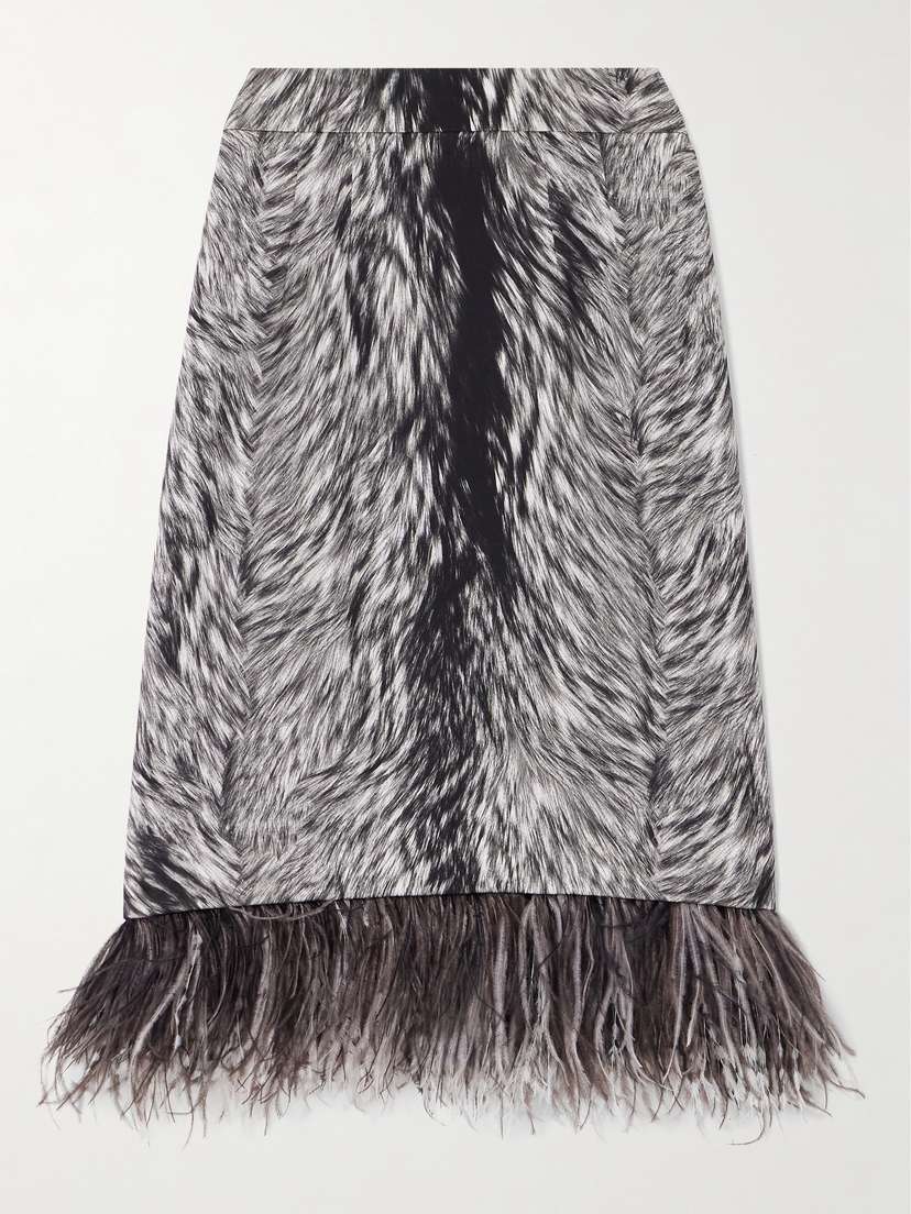 Dolce & Gabbana Feather-trimmed Printed Stretch-silk Charmeuse Skirt