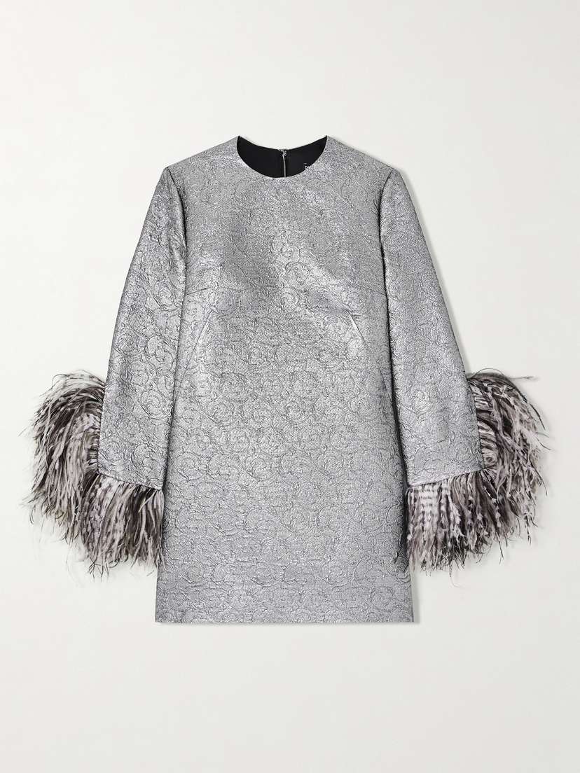 Dolce & Gabbana Feather-trimmed Metallic Jacquard Mini Dress