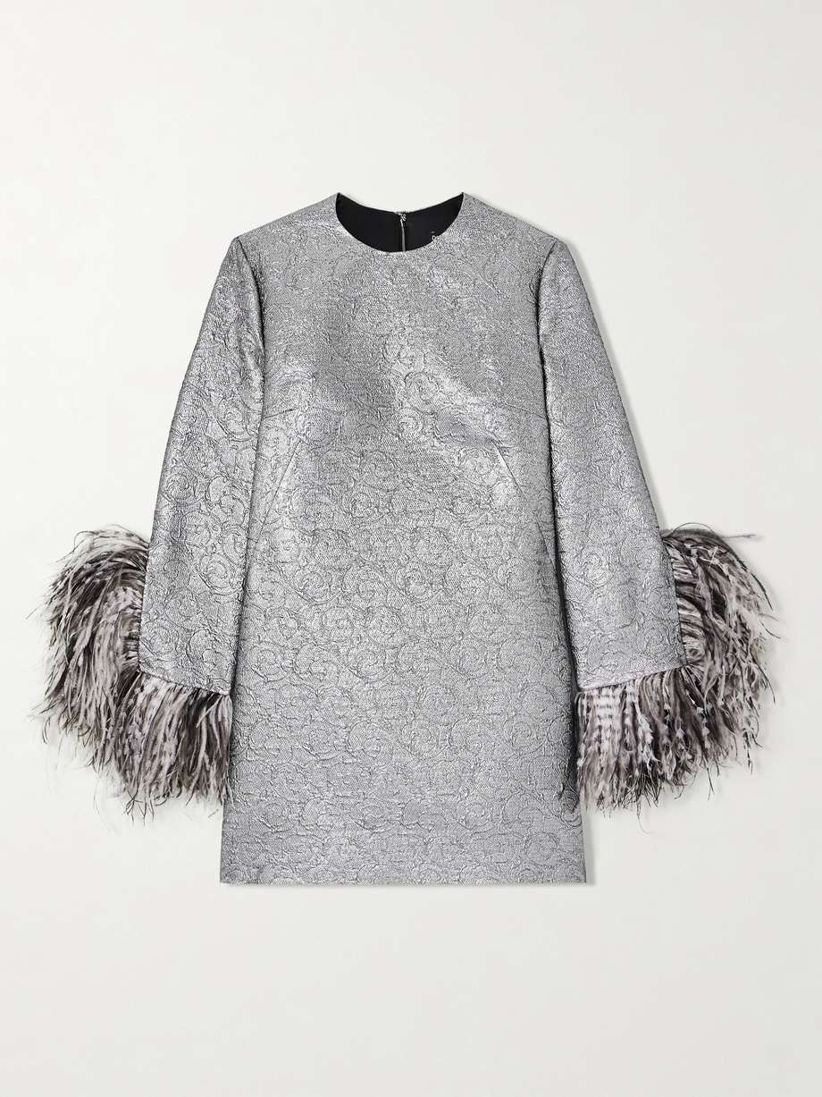 feather-trimmed metallic jacquard mini dress
