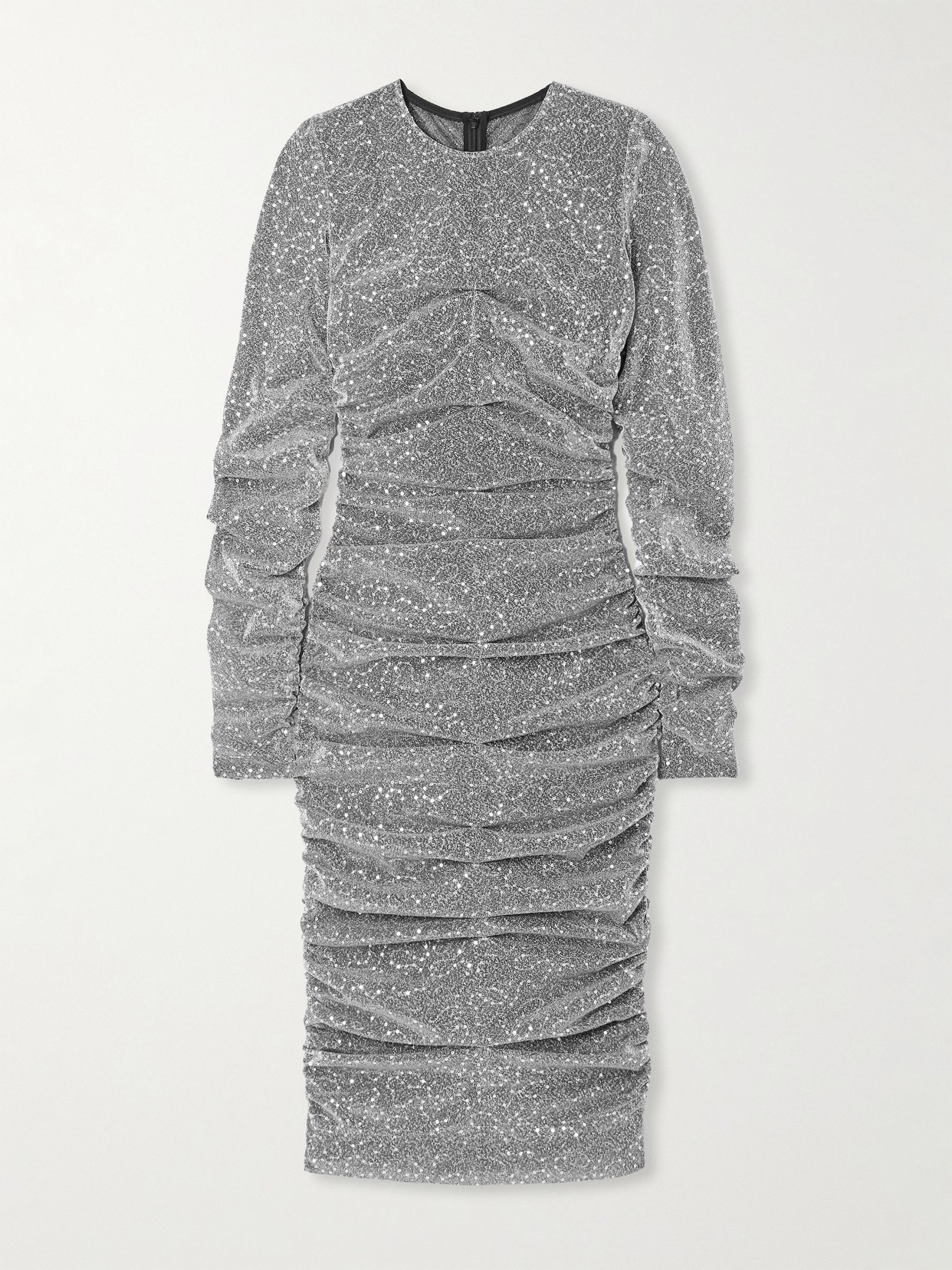 Dolce & Gabbana Ruched Sequined Metallic Stretch-tulle Midi Dress In Silver
