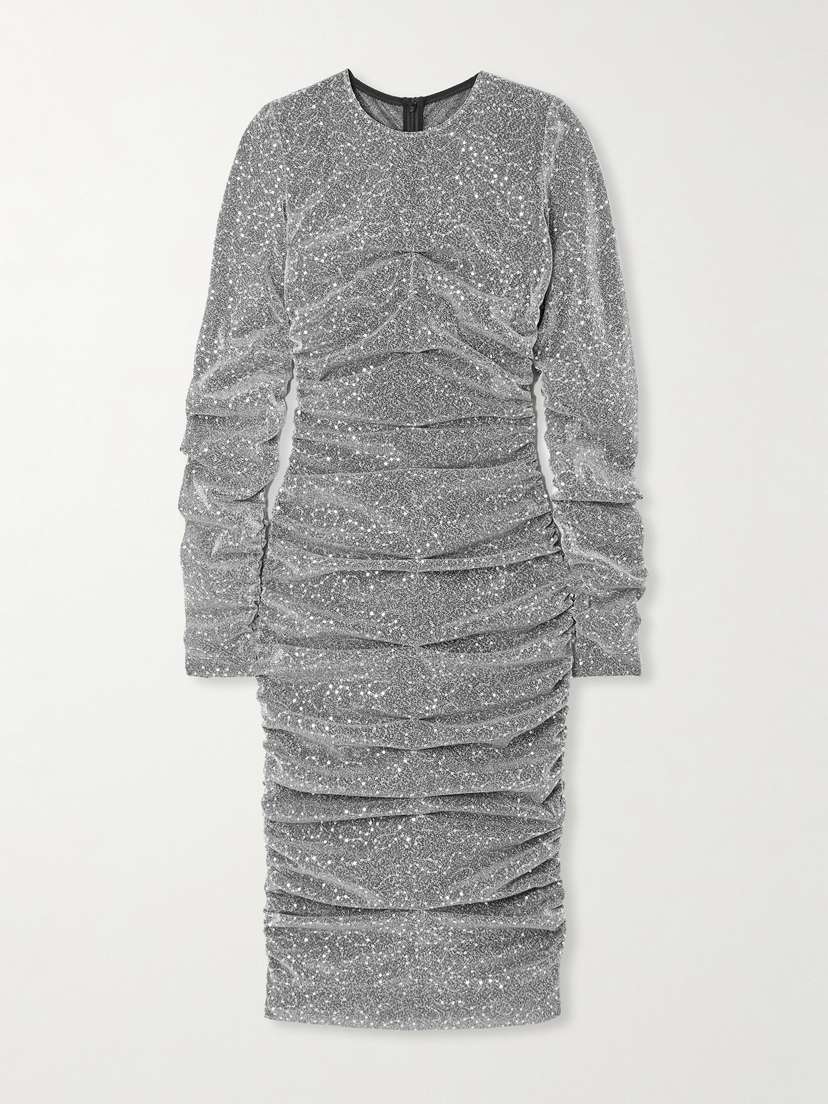 Dolce & Gabbana Ruched Sequined Metallic Stretch-tulle Midi Dress
