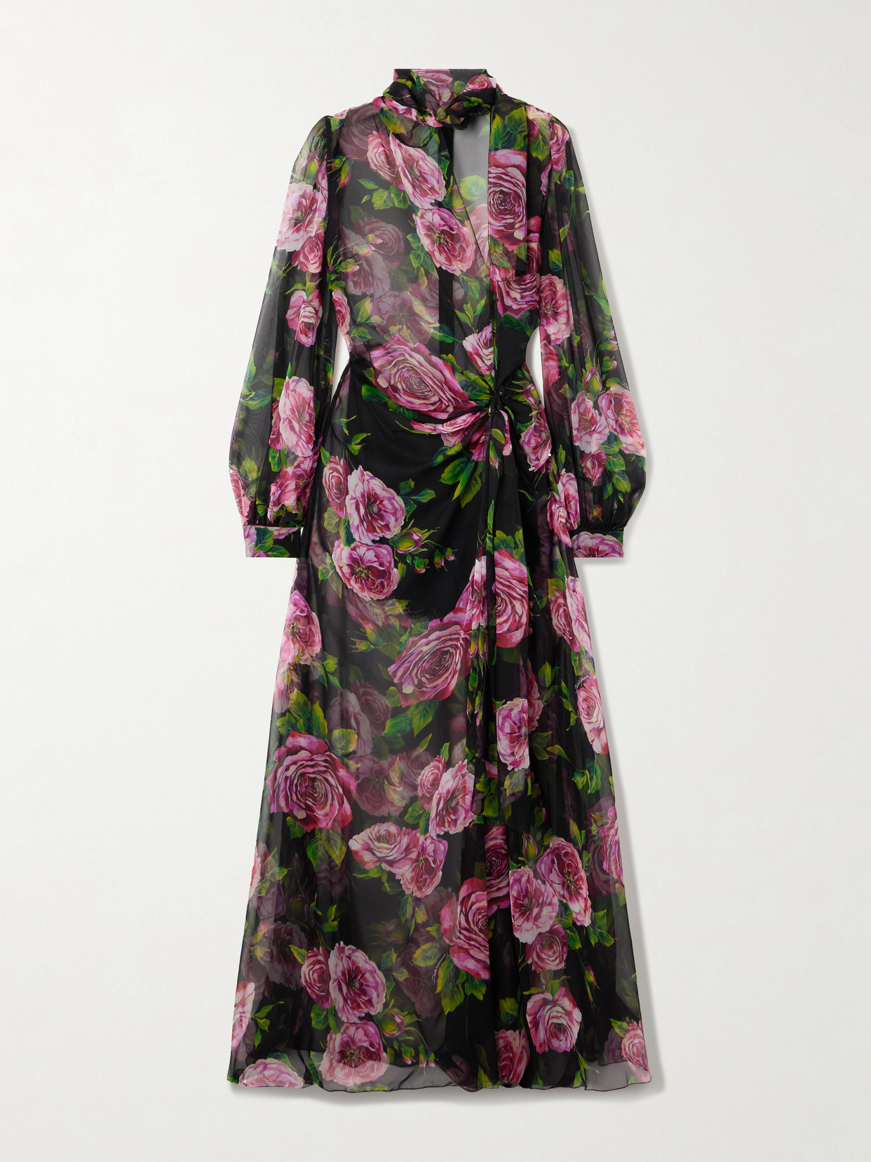 Dolce & Gabbana Pussybow Wrap-effect Floral-print Silk-chiffon Maxi Dress In Black