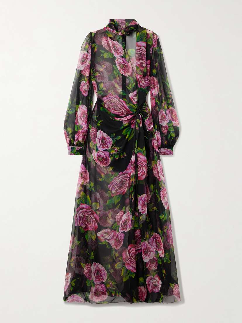 Dolce & Gabbana Pussybow Wrap-effect Floral-print Silk-chiffon Maxi Dress