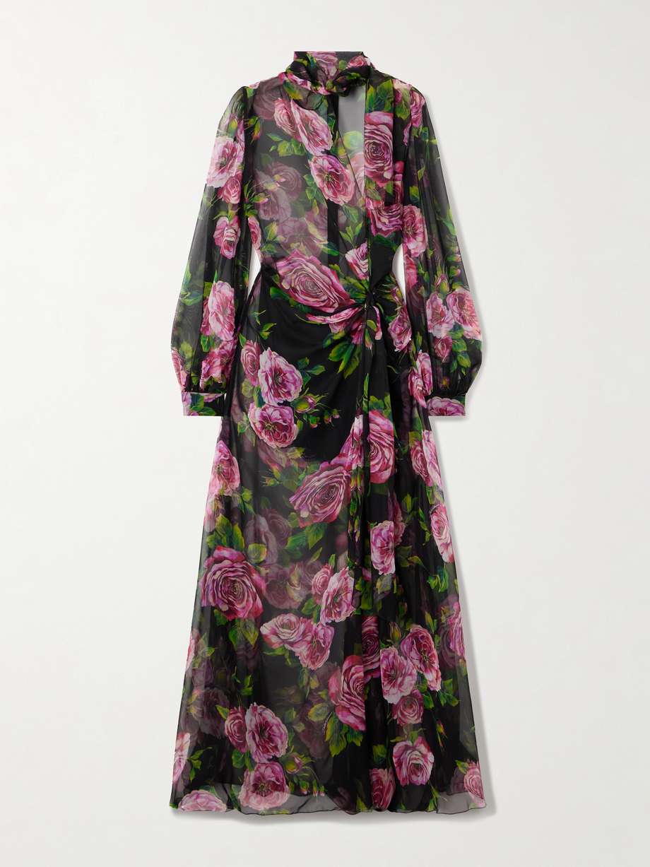 pussybow wrap-effect floral-print silk-chiffon maxi dress