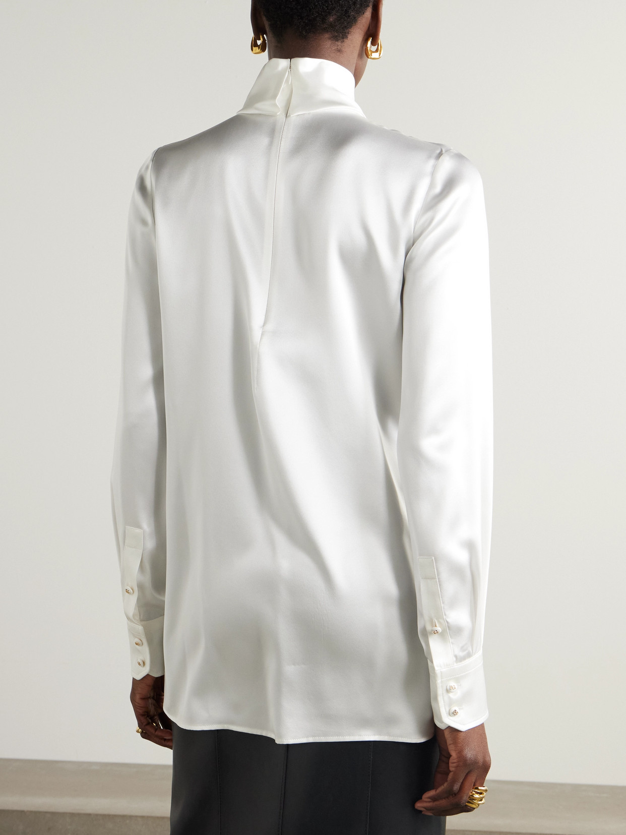 Lace-Trimmed Silk-Blend Satin Turtleneck Blouse