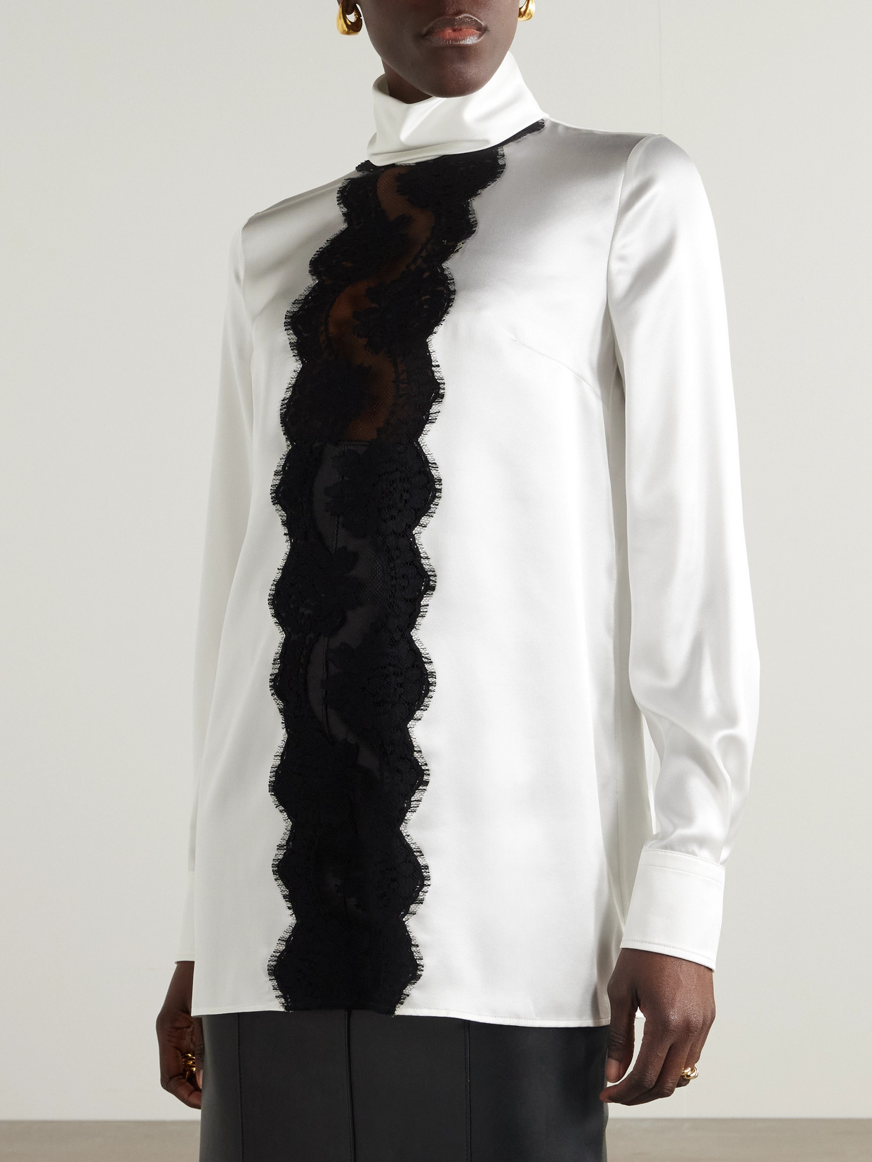 Lace-Trimmed Silk-Blend Satin Turtleneck Blouse