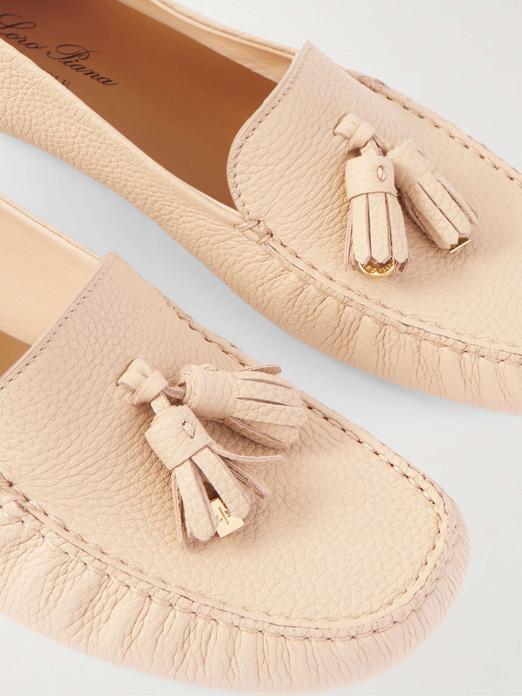 LORO PIANA Tasseled textured-leather collapsible-heel loafers