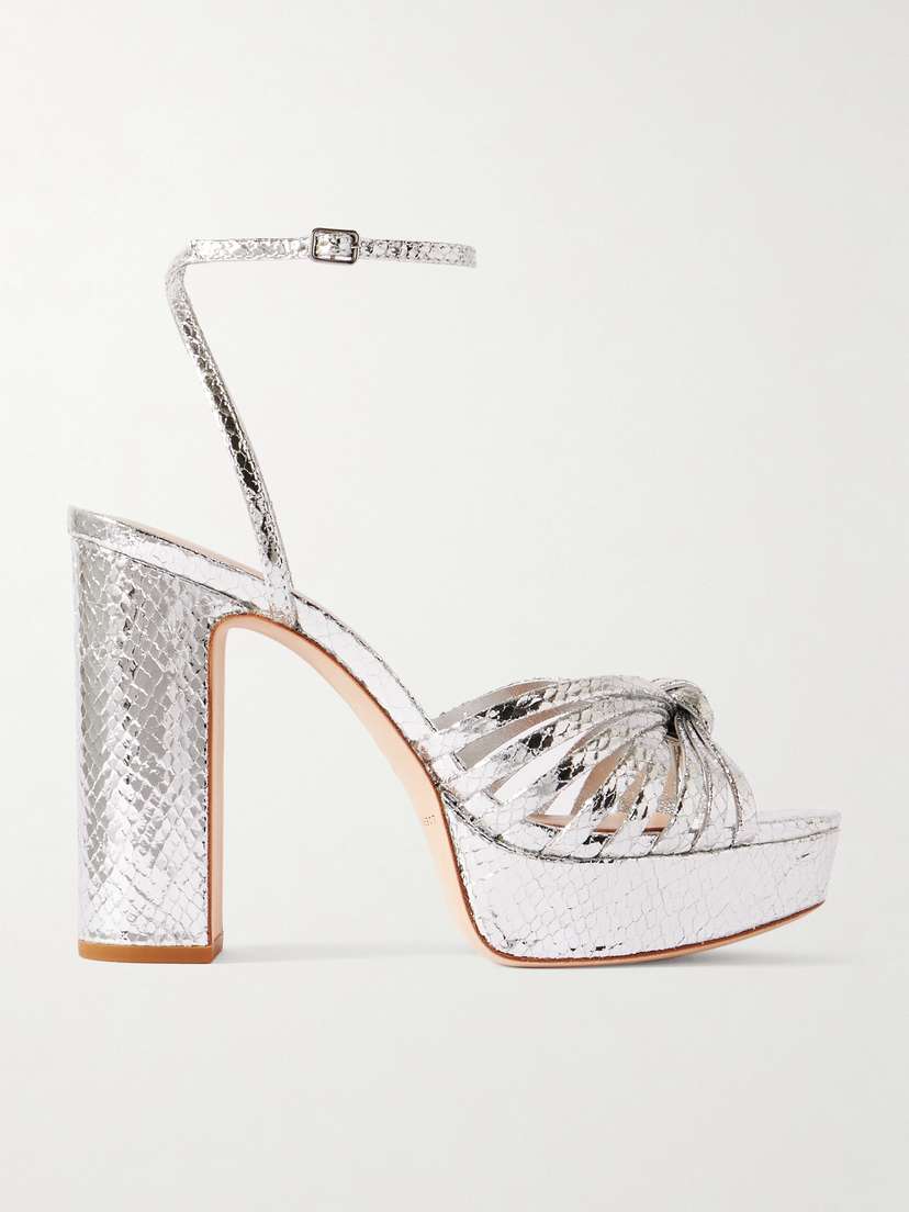 Loeffler Randall Rivka Knotted Metallic Snake-effect Leather Platform Sandals