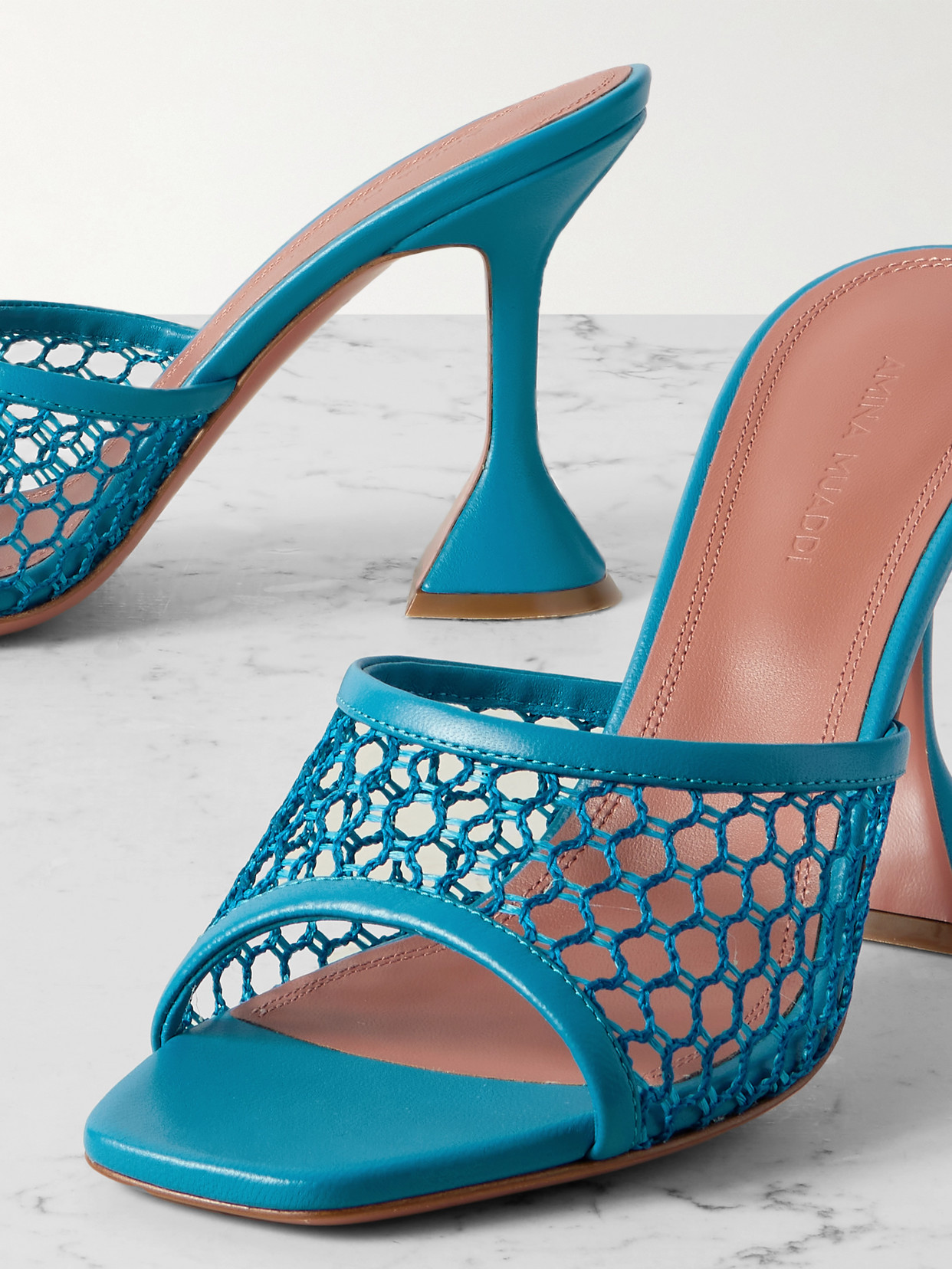 Amina Muaddi Light Blue Leather And Mesh Lupita Net 95 Mules In Blue